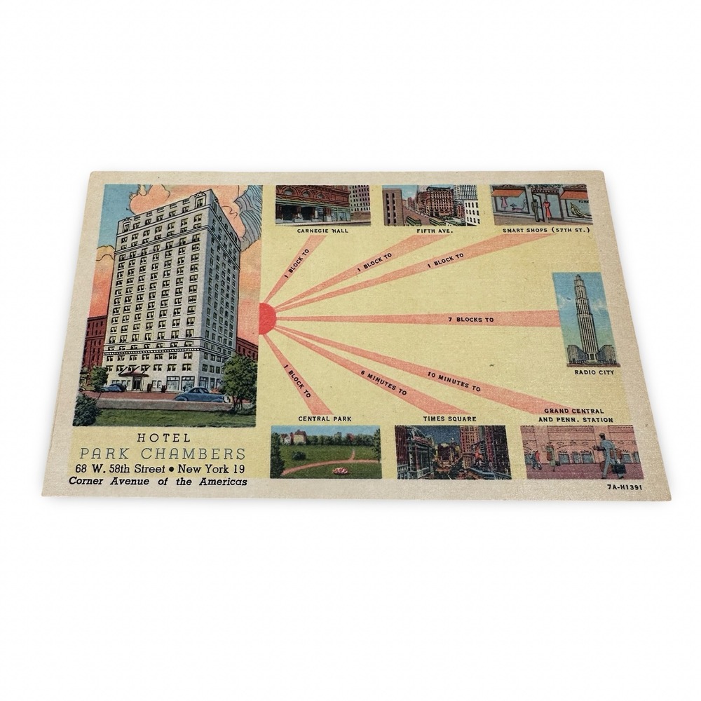 Vintage Hotel Park Chambers NYC Linen Postcard New Unused Map Landmarks 7A-H1391